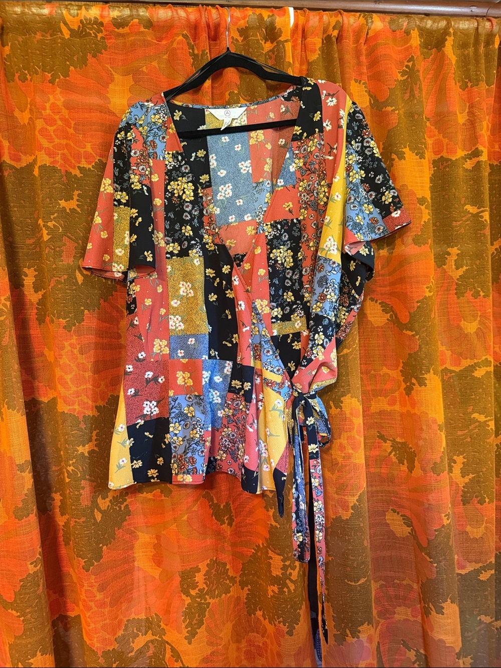 MT Patchwork Floral Wrap Top in Black, Blue, Yellow, Rust